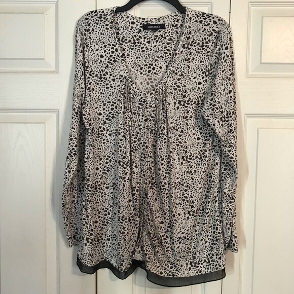 ELLEN TRACY Large Leopard White Black Cardigan Sweater Mixed Media Peplum Hem - Picture 1 of 7